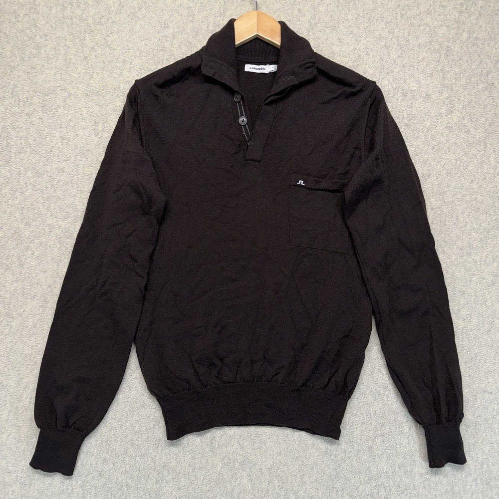 J Lindeberg Mens S 100% Merino Wool Button Mock Neck Sweater Black